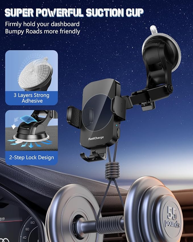 3-in-1 Wireless Car Charger Mount, 15W Fast Charging Auto-Clamping Phone Holder for iPhone 17 16 15 14, Samsung Galaxy S24 S23, Dashboard, Vent & Windshield Car Mount(Black) - Image 7