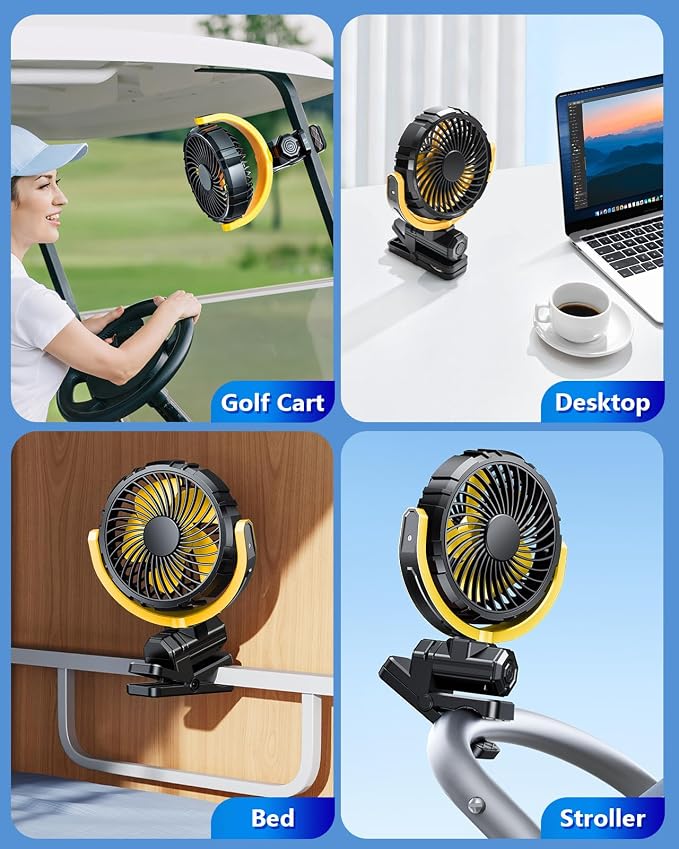 Battery Powered Fan for Car Visor Back Seat Roof Handle (Yellow) | 2000mAh Rechargeable Clip On Fan for Car SUV Van RV Pickup Truck Camping Desk Bed Stroller Baby Crib, Quiet, 360 Rotation - Image 9