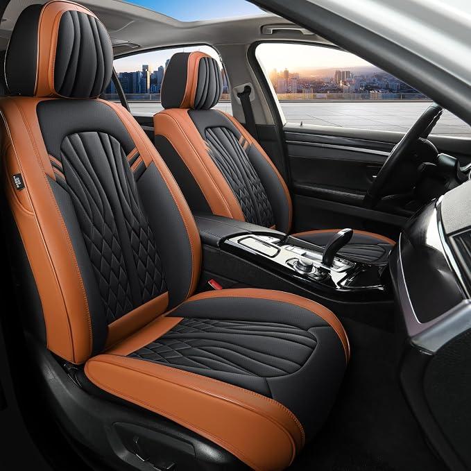 MINGBRON Car Seat Covers Front Seats, Car Seat Protector Waterproof, Car Seat Cushion Nappa Leather, Driver Seat Cover Brown Carseat Cover Universal Fit for Most Cars Brown&Black by MINGBRONCARSEATCOVER
