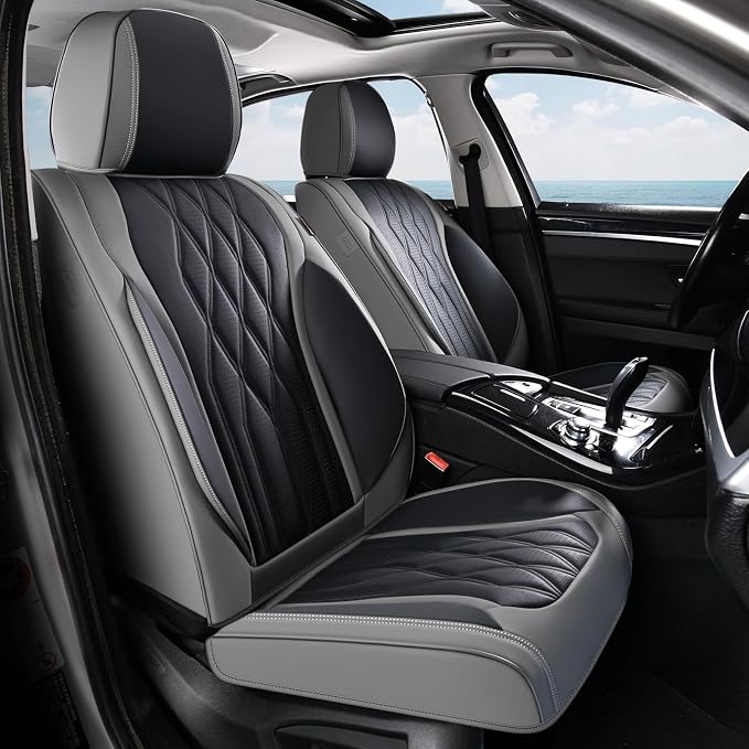 Coverado Seat Covers FullSet, 5 Seats Car Seat Protector, Waterproof Nappa Leather Cushion, Front & Rear Fit for Most Sedans SUV Pick-up Truck-Gray&Black - Image 2