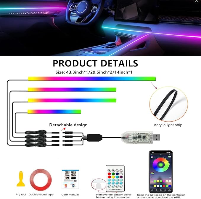 Ambient Lighting Car Led Lights Interior,116in USB Dreamcolor 4 in 1 Acrylic Neon Flexible Strip Fiber Optic LED Ambient Lighting Kits with Remote APP, RGB Music Lights Sync for Inside car Decorations - Image 8