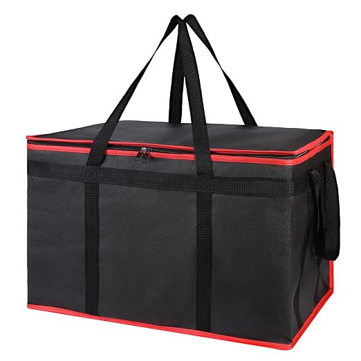 Bodaon 3-Pack Insulated Food Delivery Bag for Hot and Cold Meal, XXXL Cooler/Thermal Bags, Grocery Tote Insulation Bag for Catering, Large Pizza Warmer, Black with Red Edge by Bodaon