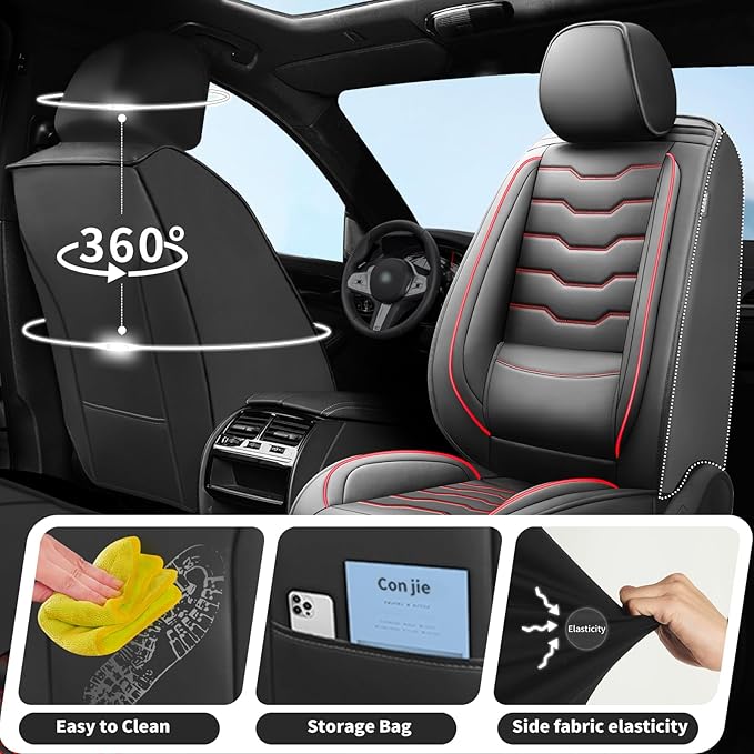 Fit Sentra Car Seat Covers Premium Leather for Nissan Sentra 2008-2025 2026. Waterproof， Breathable, Scratch-Resistant & All-Weather Seat Cushion Protector（Full Set,Red Line Black - Image 4