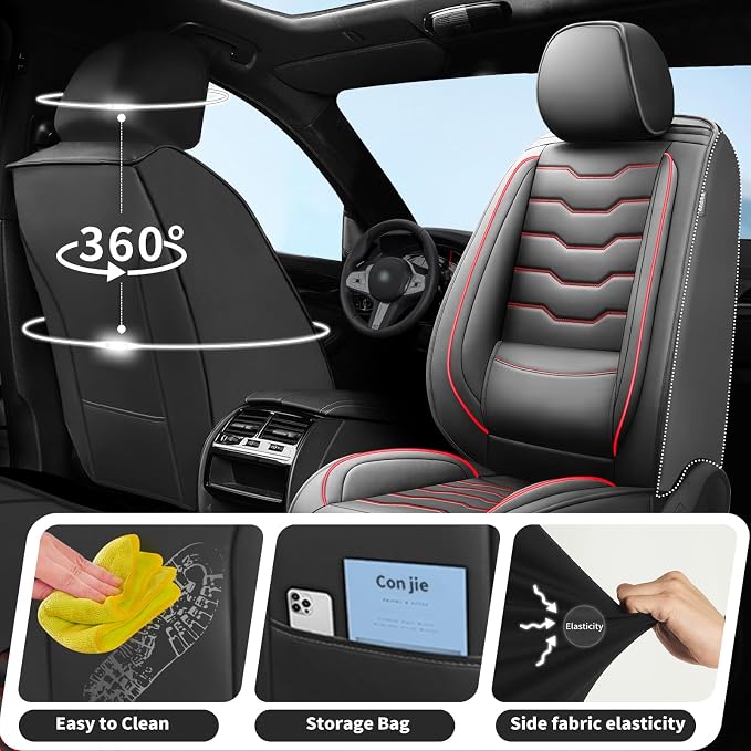 Fit Juke Car Seat Covers Premium Leather for Nissan Juke 2011-2016 2017. Waterproof， Breathable, Scratch-Resistant & All-Weather Seat Cushion Protector（Full Set,Red Line Black - Image 4