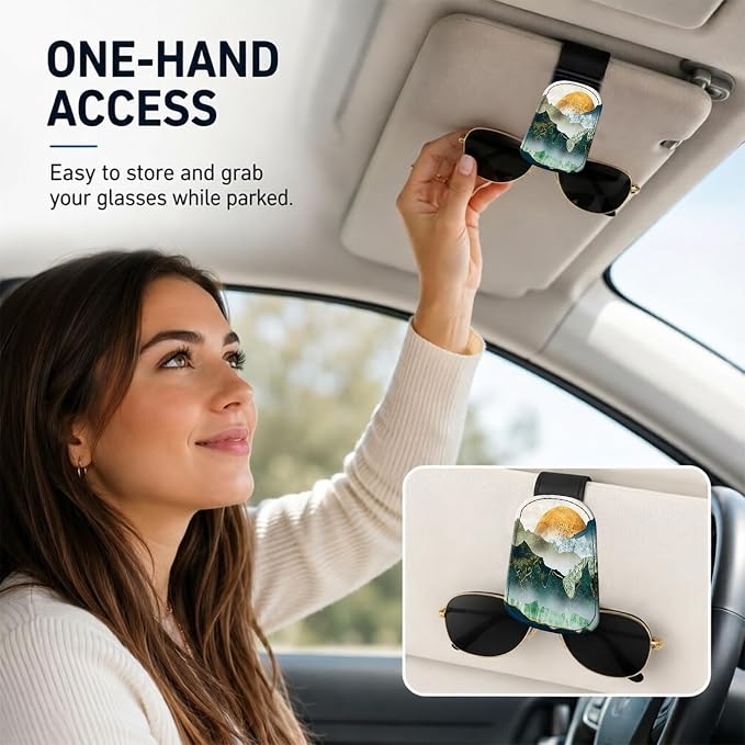 Leather Magnetic Sunglass Holder for Car Sun Visor, Cute Eyeglass Ticket Card Hanger Clip, Universal Auto Interior Accessories for SUV Pickup Truck, Golden Mountain - Image 2