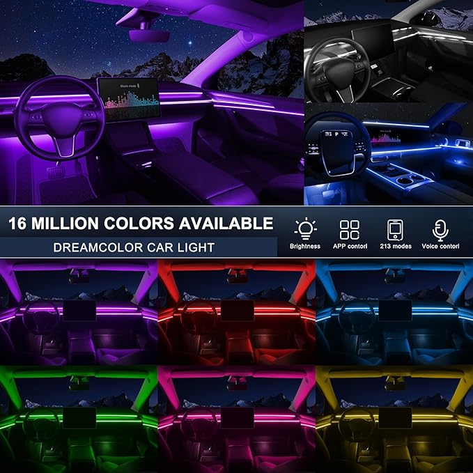 Acrylic Interior Car LED Strip Light with Wireless APP, RGB 10 in 1 with 175 inches 593 LEDs Fiber Optic Ambient Lighting Kits, 16 Million Colors Sound Active Function Car Neon Lights - Image 3