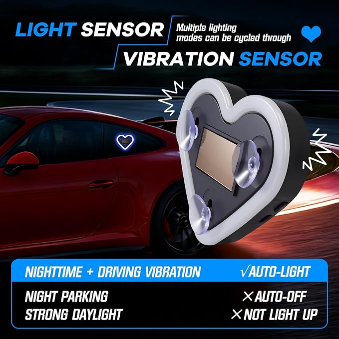 2PCS Car Window Wireless LED Ambient Light Solar Powered Love Heart Shaped Neon Lamp for Night Driving Interior Decor Accessories Romantic Gift for Women Girl Couples-Blue - Image 4
