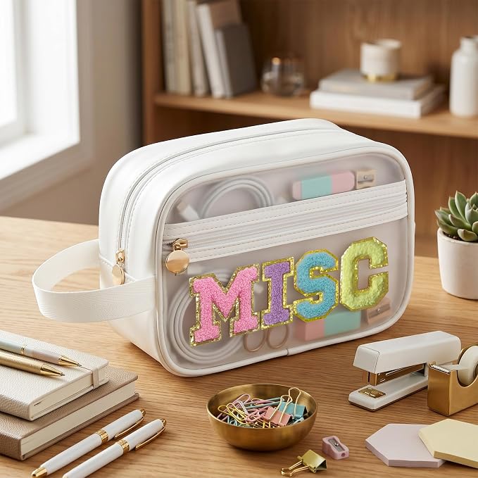 COSHAYSOO Clear MISC Makeup Bag Miscellaneous Stuff Organizer, Small Preppy Chenille Letter Patch Cosmetic Zipper Pouch, Toiletry Make Up Travel Purse Gifts for Teen Girls Women Daughter Sister - Image 4