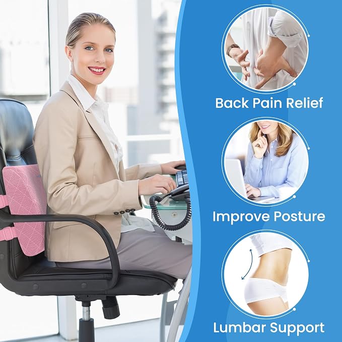 Lumbar Support Pillow for Office Chair, Back Support, Memory Foam, Pink | Improve Sitting Posture & Back Pain Relief. Lumbar Pillow Fits Office, Gaming & Car Chairs with Adjustable Dual Straps - Image 4