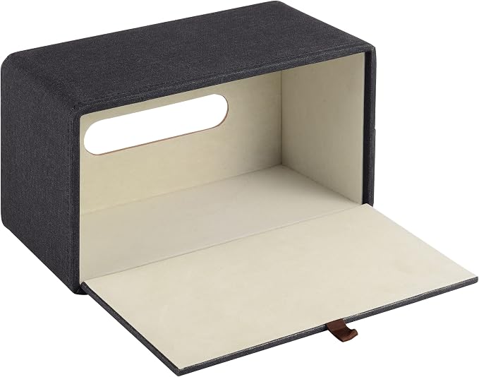 High-end Pu Leather Tissue Box Holder Two Color Combination-Linen and Wood Grain,Rounded Rectangle Napkin Paper Case Dispenser for Home Bathroom Dresser Offices Car Tissue Cover (Black) - Image 2