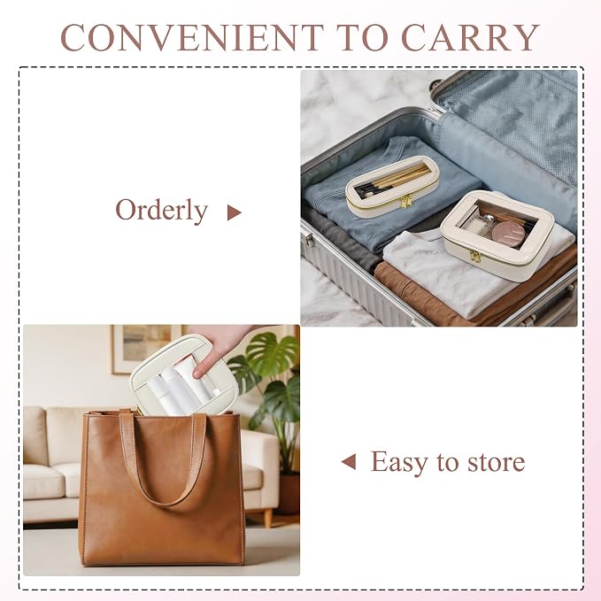 3-Piece Travel Clear Makeup Bag Set, Small Cosmetic Bag with Makeup Brush Case, Leather Waterproof TSA Approved Toiletry Bag with Zipper, Car Organization for Women (Beige-2, Mini+Slim+Medium) - Image 6