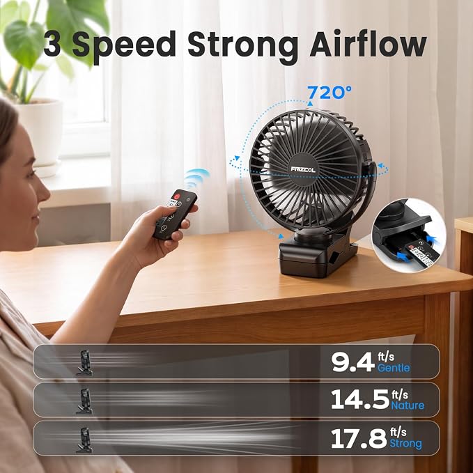 Portable Clip on Fan 65 Working Hours, Camping Fans with LED Lights & Hook, 12000 Capacity Battery Operated Fan with Clamp, USB Rechargeable for Desk, Tent, Treadmill, Stroller, Golf Cart, Home - Image 3
