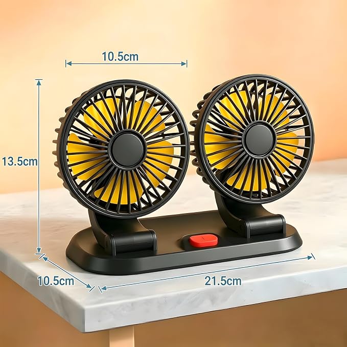 12V Car Fan Dual Head Electric Auto Fan - Powerful Dashboard Air Circulator with Cigarette Lighter Plug - 3 Speed 360° Rotatable Cooling Fan for Sedan SUV Van RV (Cigarette Lighter Plug-12V-Dual) - Image 2