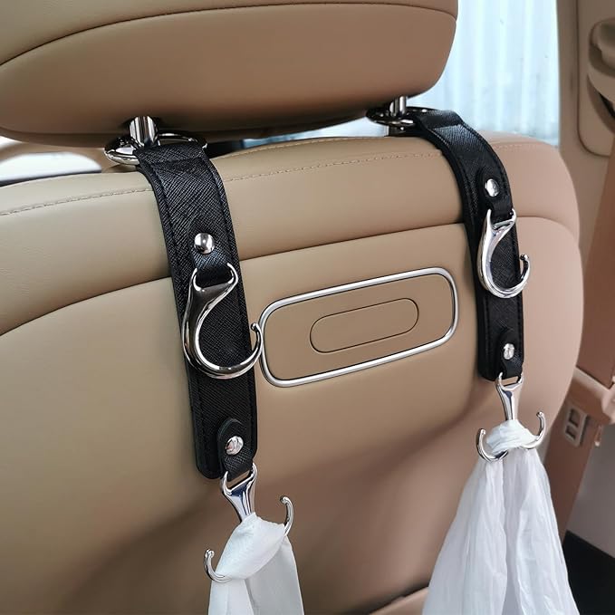 Car Headrest Hook Faux Leather Hanger Purse Bag Holder Purse Hook | 3-in-1 design, 50lb capacity, alloy buckle, fits most cars. Holds bags, groceries, umbrellas. easy stall, for front & back by yicheyiyou
