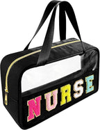 Bunliuys Chenille Letter Clear Makeup Bag with Nurse Patch, Travel Toiletry Makeup Bag with Handle, Nylon Waterproof Cosmetic Bag, Preppy Patch Makeup Bag for Women (NURSE-Black) by Bunliuys