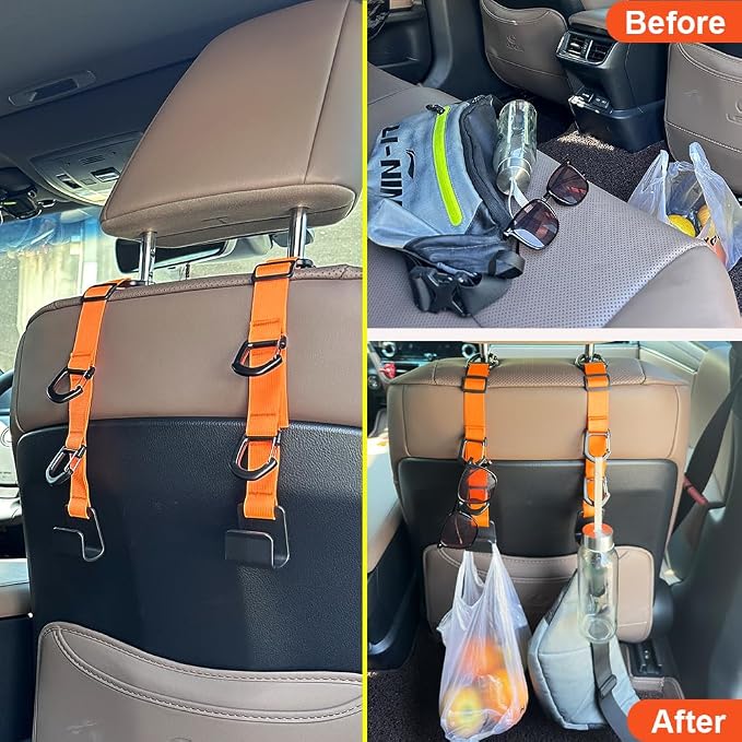Car Headrest Hooks, Backseat Storage Organizer Hangers, Universal Vehicle Seat Back Hooks, 4 Pack (Orange) - Image 5