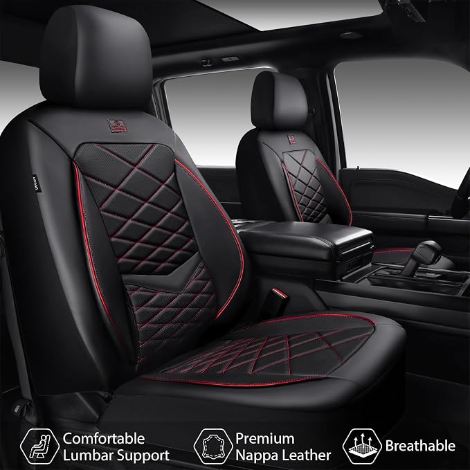 CAR PASS Luxury Nappa Leather Seat Covers Full Set, Water Resistant Faux Leather Seat Cover with Lumbar Support, Breathable Automotive Seat Covers Universal Fit for Sedan SUV Van Truck, Black Red - Image 2