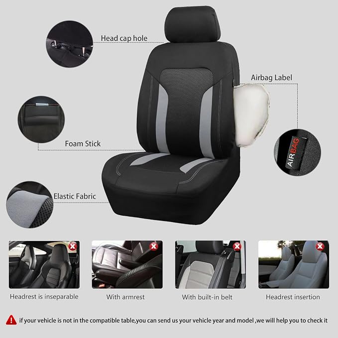 CAR PASS 3D Air Mesh Car Seat Covers Front Seats Low Back Bucket, Breathable Sporty Mesh in Summer Airbag Compatible Universal Fit 95% Automotive SUV,Truck,Sedan Interior Protector, Black Gray 2PCS - Image 3