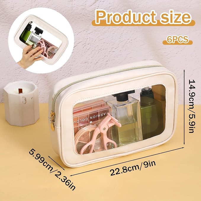 6 Pcs White Clear Makeup Bags with Zipper Car Cosmetic Bag PU and PVC Travel Toiletry Pouches for Women Gift, Valentine's Day Wedding Gift - Image 2
