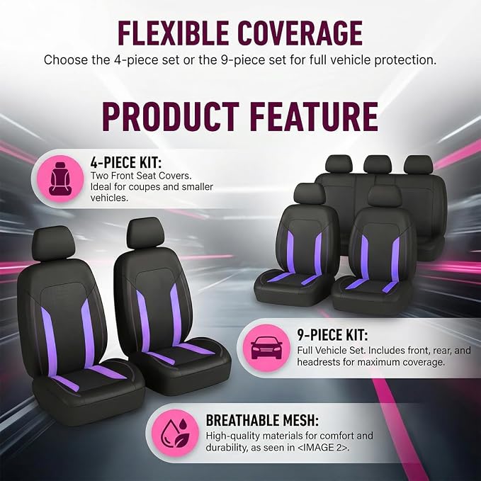 Car Seat Covers, Breathable Split Anti-Slip Vehicle Front Seat Protector with Removable Headrest Guard, Automotive Interior Chair Protective Covers, Universal for SUV Automobile Truck (Purple) - Image 6