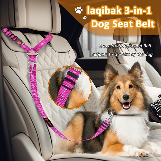 Laqibak Removable Dog Seat Belt Harness for Car, 3 in 1 Pet Seatbelt Leash | Retractable Headrest-Mounted,Restraint & Adjustable Reflective Bungee Dog Seatbelt Tether,Rose and Black - Image 2