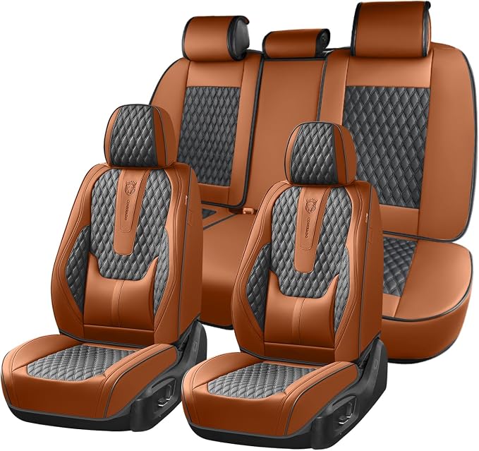 Coverado Car Seat Covers Full Set, Nappa Leather Seat Covers for Car, Waterproof Car Seat Protector with Lumbar Support, Automotive Seat Covers Universal Fit for Most Cars SUV Trucks (Brown-Black) by COVERADOAUTO