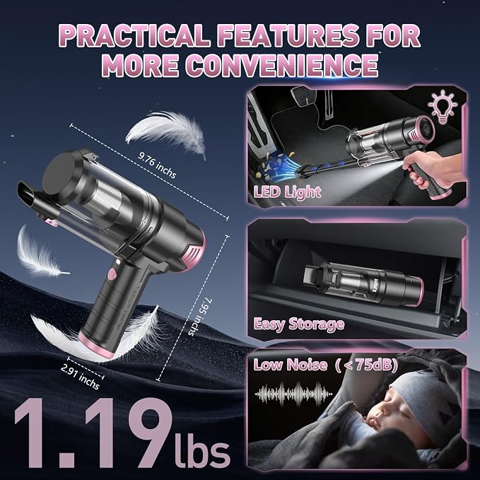 KMM Handheld Car Vacuum Cleaner, Hand Held Car Vacuum & Air Duster | 16000PA Strong Suction, 120W High Power, Cordless, Portable, Rechargeable, Multi-Nozzles & LED Light, For Home, Car, Office - Image 7