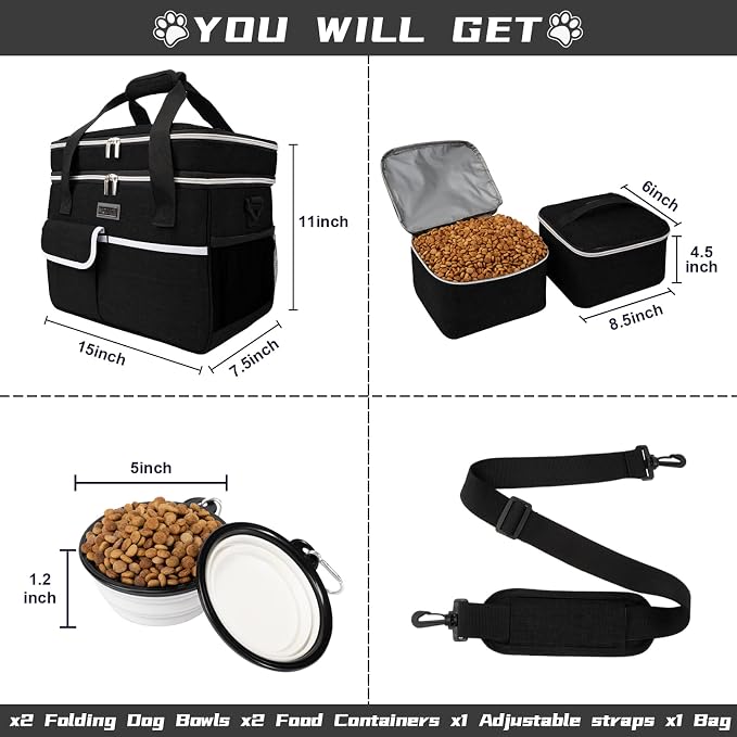 BAGLHER Dog Travel Bag for Supplies - Double-Layer Airline Approved Weekend Pet Travel Organizer Set for Dog and Cat Tote with 2 Pet Food Containers and 2 Collapsible Silicone Bowls Black - Image 2