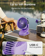 SWEETFULL Portable Misting Clip On Fan, USB-C Rechargeable Mini Personal Cooling Fan with 4 Speeds, 360° Rotatable, Quiet Cooling for Outdoor, Camping, Golf Cart, Travel, Stroller & Desk (Purple) - Image 7