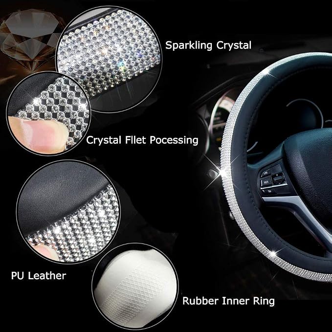 New Diamond Leather Steering Wheel Cover with Bling Crystal Rhinestones | Universal Fit 15 Inch Car Wheel Protector for Women Girls Black - Image 3
