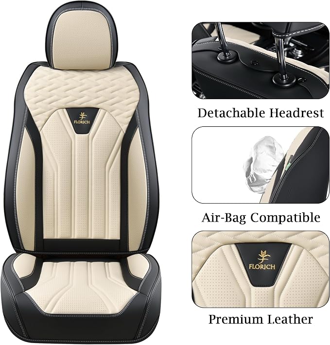 Leather Seat Covers, Seat Covers Full Set, Car Seat Protectors 5 Seats, Automotive Seat Covers Fit for Most Cars Trucks SUV- Black&Beige - Image 5