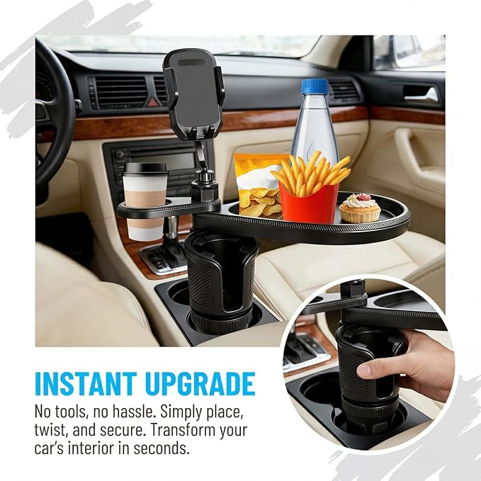 Car Cup Holder Tray, 4-in-1 Vehicle Drink Holder Expander Adapter with Phone Holder & Food Tray Table, Auto Center Console Cupholder Eating Table Organizer, Universal Fit (Black) - Image 5