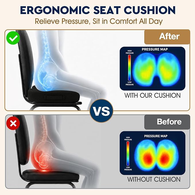 Office/Car Seat Cushion, Non-Slip Sciatica & Back Coccyx Tailbone Pain Relief Chair Pad, Memory Foam Butt Pillow for Computer Desk, Wheelchair, Driving (Black) (Pack of 2) - Image 3