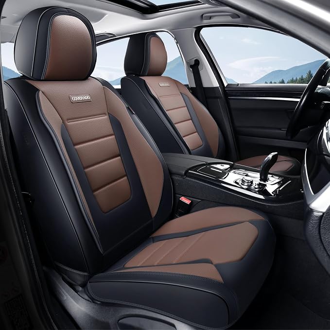 Coverado Car Seat Covers Front, Seat Covers for Cars, Waterproof 2-Pack Car Seat Cushions, Leather Carseat Seat Protectors, Universal Seat Covers Fit for Most Sedans SUV Pick-up Trucks(Black&Coffee) by COVERADOAUTO