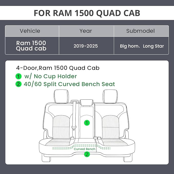 EKR Ram 1500 Seat Covers Custom Fit for (Quad Cab) RAM 1500 Big Horn/Long Star 2019 2020 2021 2022 2023 2024 2025,Waterproof Black Car Seat Cover for Trucks Full Set-Neoprene(Black) - Image 2