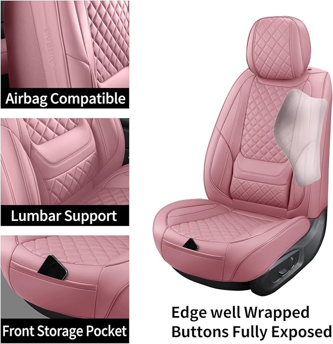 Leather Front Seat Covers for Cars Automotive Seat Protectors | Breathable Waterproof Durable Full Surround & Lumbar Support Design Non-Slip Universal Fit for Most Cars SUV Trucks Van Pink - Image 4