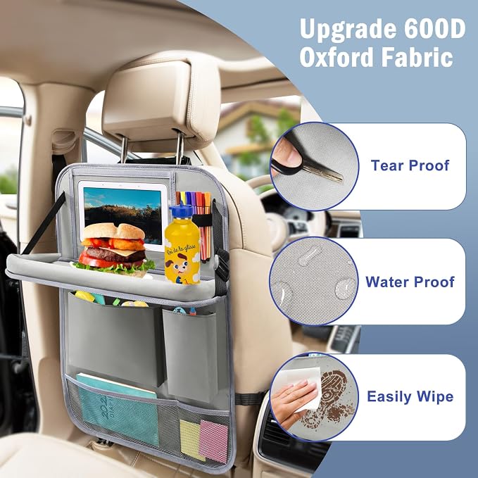 2Pack Car Backseat Organizer with Foldable Table Tray,6 Storage Pockets Car Storage Organizer with Tablet Holder,Car Seat Back Protectors Kick Mats Travel Accessories (Grey) - Image 2