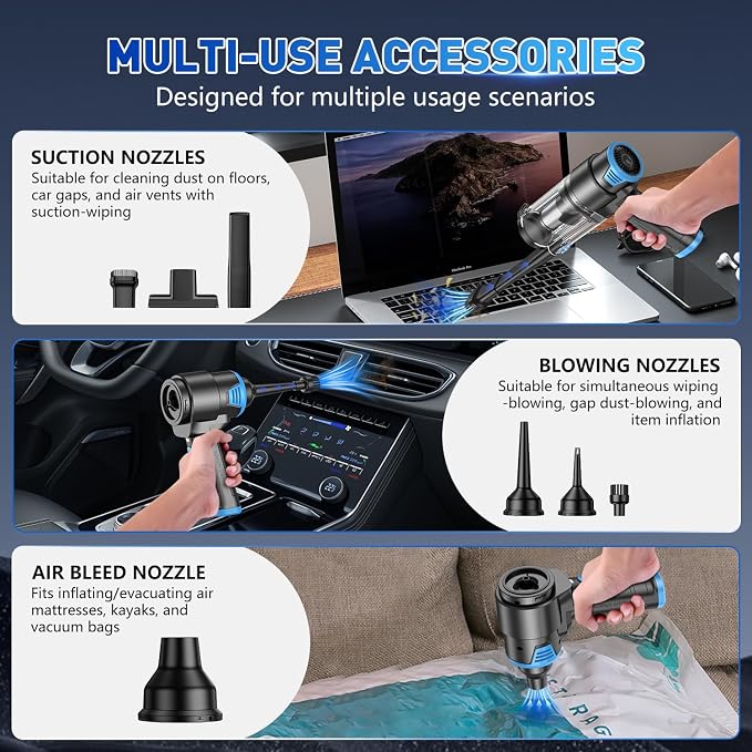 KMM Handheld Car Vacuum Cleaner, 16000PA Air Duster & Hand Held Vacuum | 120W High Power, Cordless, Portable, Rechargeable with Multi-Nozzles & LED Light for Home, Car, Office, Pet - Image 6