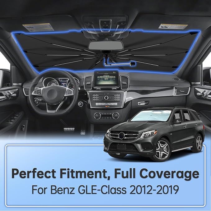 Windshield Sun Shade Umbrella for Mercedes-Benz GLE-Class 2012-2019 | Foldable Car Sunshade for Front Window, 360 Rotation Automotive Interior UV Protection for Outdoor Parking - Image 2