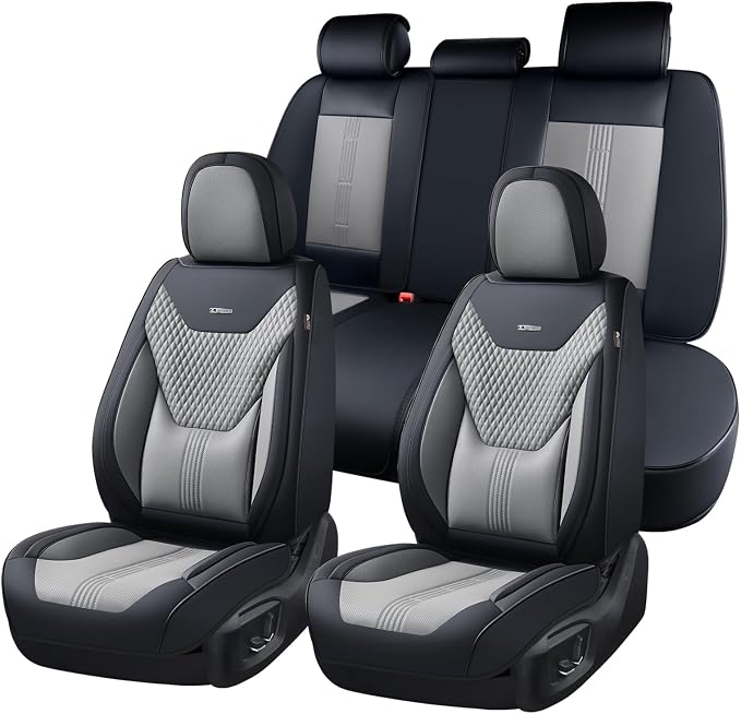 Coverado Car Seat Covers Full Set, Front Seat Covers with Lumbar Support and Back Seat Cover Waterproof Leather Automotive Seat Cover, Universal Car Interior Protectors Cushion for Most Cars by COVERADOAUTO
