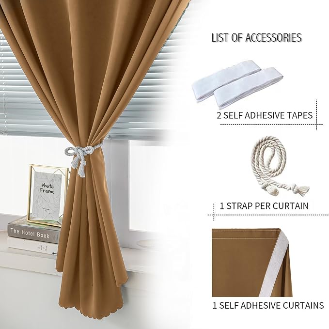 Self Adhesive Curtains, Stick Curtain Blackout Shades Window Cover Curtains for Living Room No Drilling, 47" W X 96" L, Brown, 1 Panel - Image 2