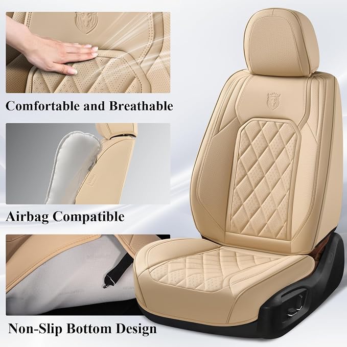 Coverado Front Seat Covers, Luxury Faux Leather Waterproof Seat Cover, Beige Car Seat Protector, Car Seat Cover Front Seats, Automotive Seat Covers Universal Fit for Most Cars (Front, Beige) - Image 3