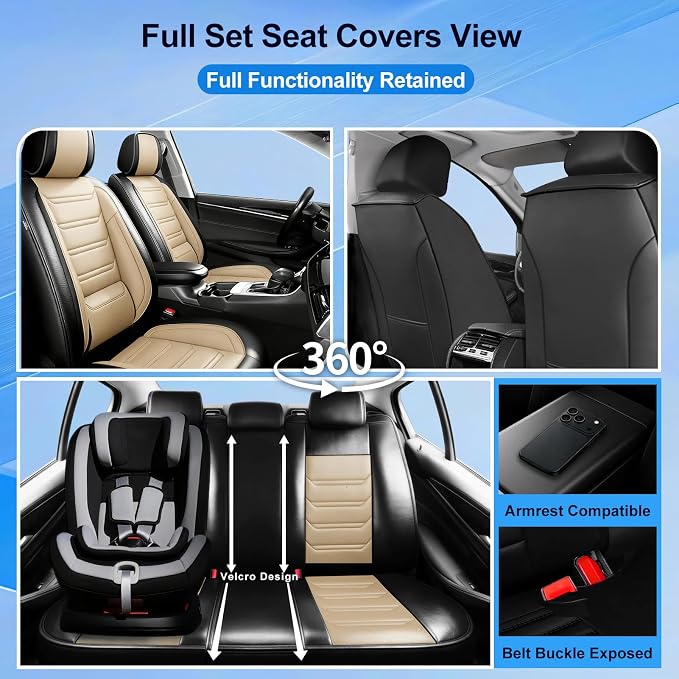 Fit Veracruz Seat Covers Fit for Hyundai Veracruz 2007-2015, 5 Seats | Premium Leather Full Coverage Protector, Waterproof, Breathable, Scratch Resistant, Easy Wipe, Airbag Compatible, Black+Beige - Image 2