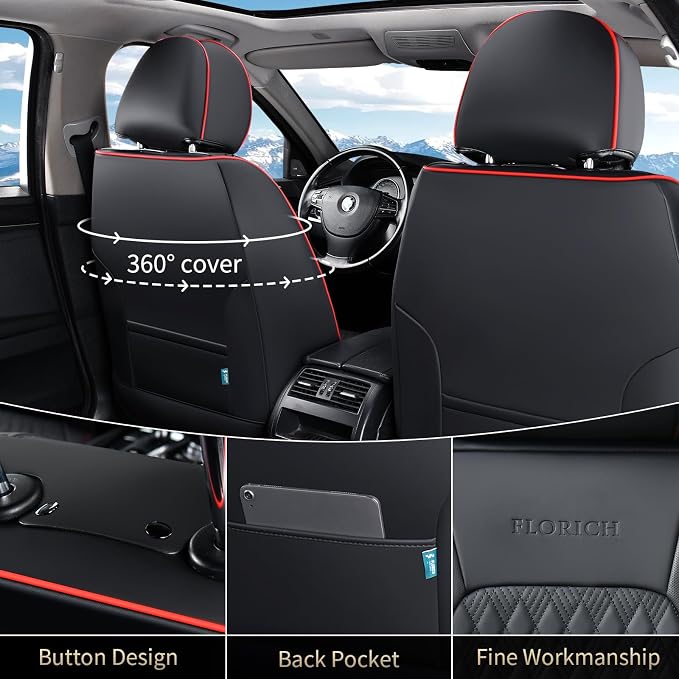 Seat Covers, Car Seat Covers Full Set, Luxury Nappa Leather Seat Covers, Breathable and Waterproof Car Seat Protector 5 Seat, Automotive Seat Covers Universal Fit for Most Cars-BlackRedline - Image 2