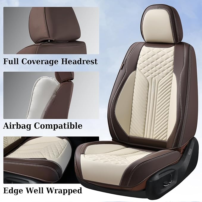 Coverado Leather Car Seat Covers Full Set, 5 Seats Waterproof Seat Covers for Cars Front and Rear Seat Cushions Protectors Universal Fit Most Vehicles (Bronw&Beige) - Image 5