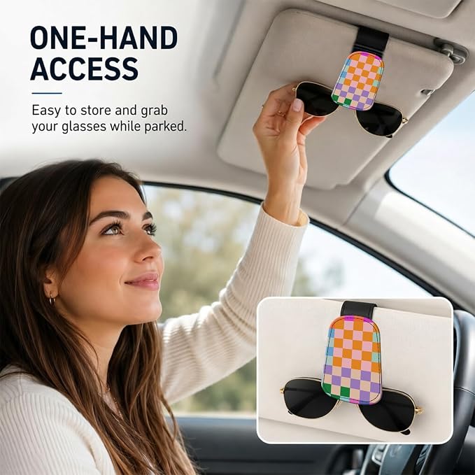 Leather Magnetic Sunglass Holder for Car Sun Visor, Cute Eyeglass Ticket Card Hanger Clip, Universal Auto Interior Accessories for SUV Pickup Truck, Color Checkered - Image 2