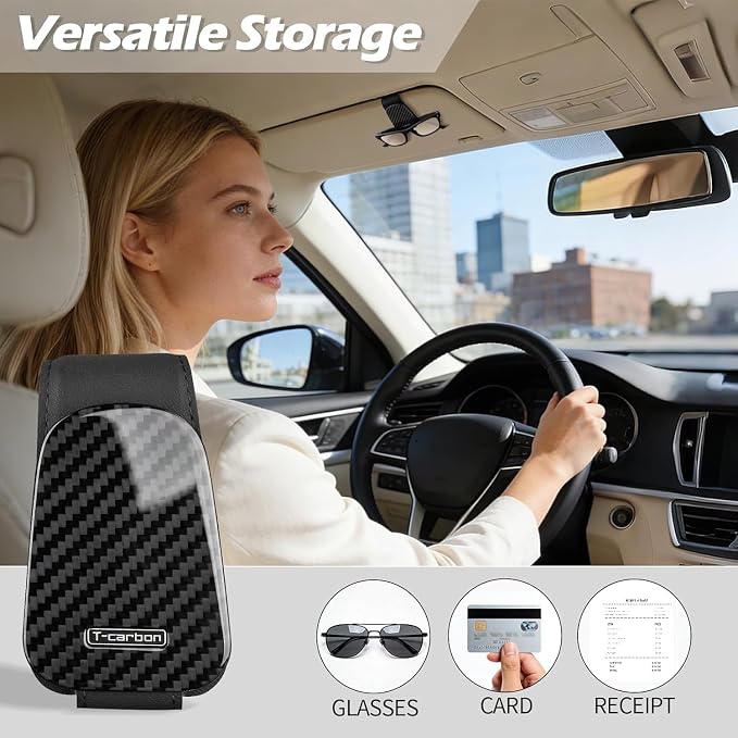 T-carbon 2 Pack Sunglass Holder for Car Sun Visor | Magnetic Leather Glasses Holder,Carbon Fiber Sunglasses Holder and Ticket Card Clip,Car Accessories Interior,Glossy Black - Image 3