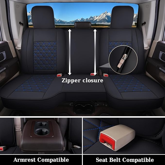 Coverado Ram Seat Covers Full Set, Waterproof Ram 1500 Seat Cover Compatible with 2002-2026 Dodge RAM 1500 2500 3500 Crew Quad Cab with Curved Bench, Black&Blue line - Image 6
