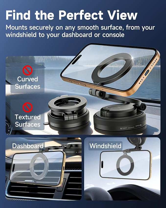 iOttie iTap 3 Magnetic Vacuum Suction Phone Mount, MagSafe Foldable Car Mount with 4-Axis Adjustment, Strong Dashboard & Windshield Hold, Metal Ring for Universal Compatibility, for iPhone 12-17 - Image 4