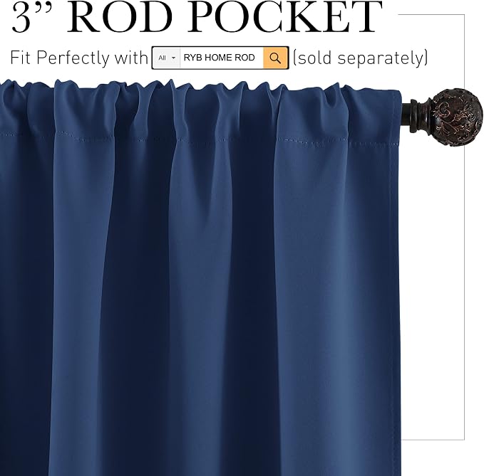RYB HOME Short Blackout Curtains for Bedroom, Room Darkening Insulated | Rod Pocket, Summer Heat Light UV Blocking, Energy Saving, Drapes for Nursery, W34 x L45, Navy Blue, 2 Panels - Image 2
